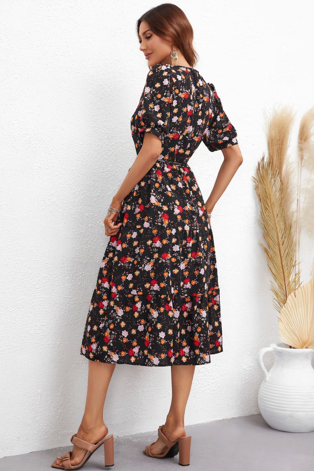 Floral Collared Neck Puff Sleeve Dress BLUE ZONE PLANET