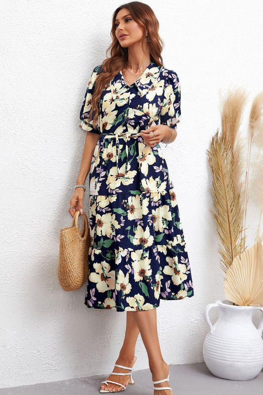 Floral Collared Neck Tiered Midi Dress BLUE ZONE PLANET