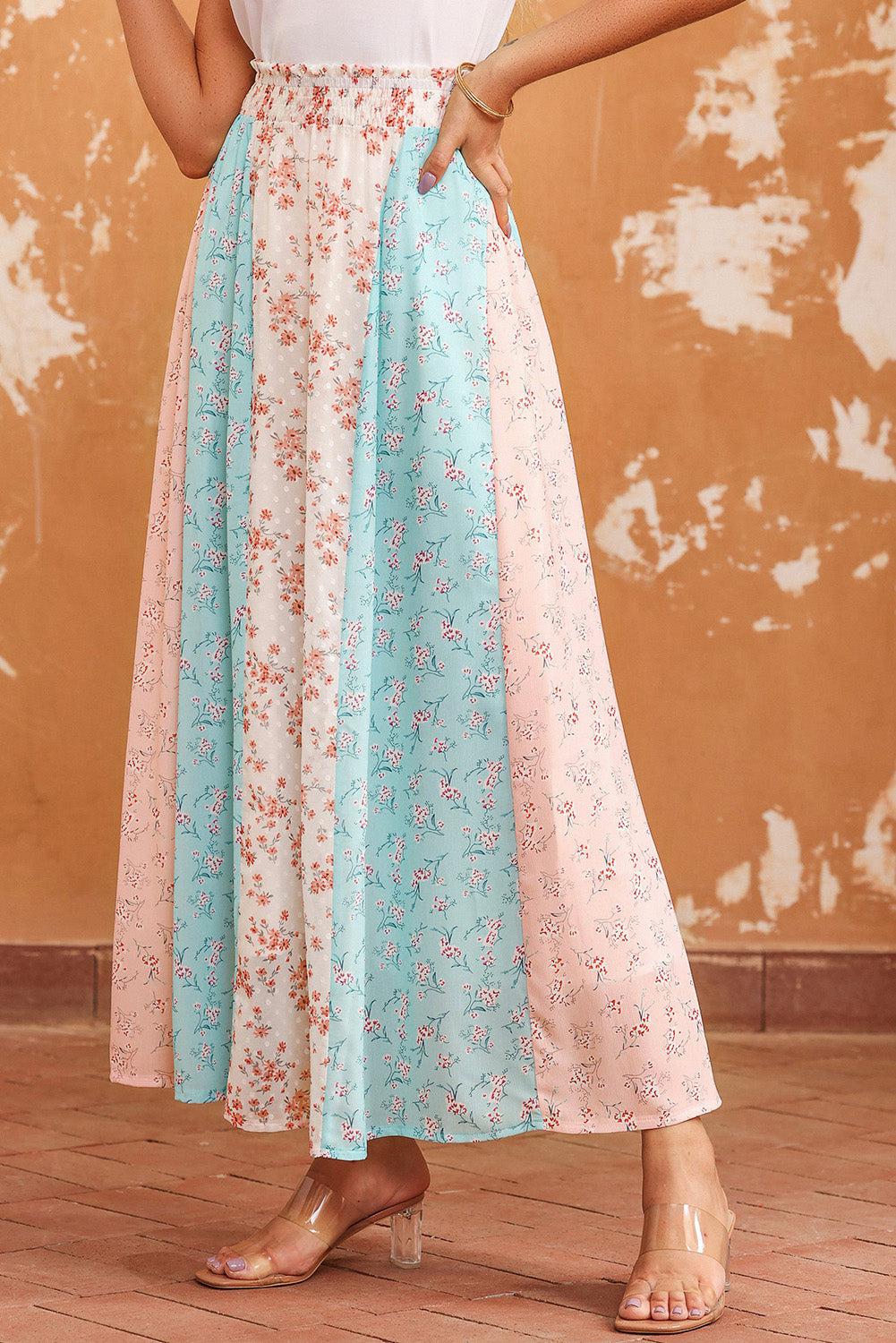 Floral Color Block Smocked Waist Maxi Skirt BLUE ZONE PLANET