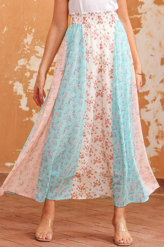 Floral Color Block Smocked Waist Maxi Skirt BLUE ZONE PLANET