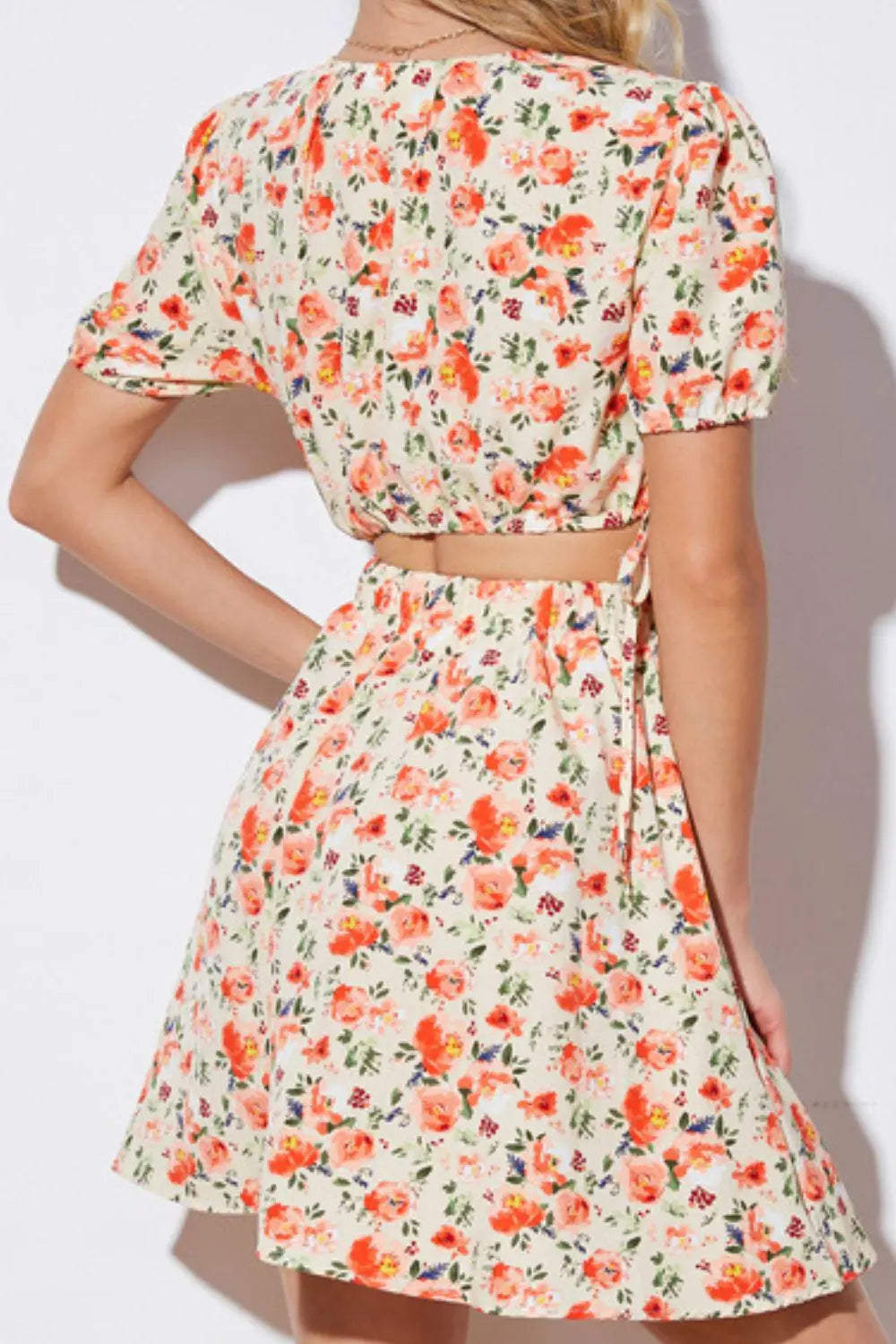 Floral Cutout Short Puff Sleeve Dress BLUE ZONE PLANET