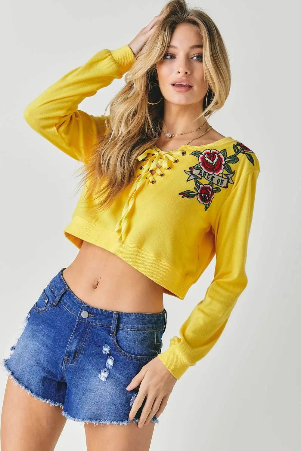 Floral Embroidered Cropped Sweatshirt Blue Zone Planet