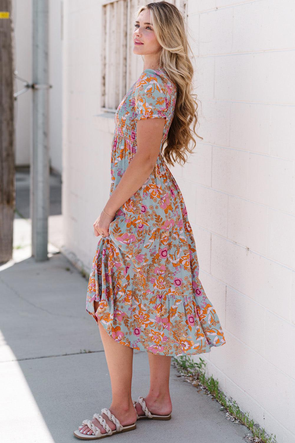 Floral Flounce Sleeve Round Neck Midi Dress BLUE ZONE PLANET