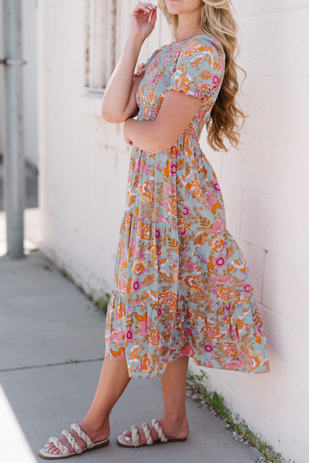 Floral Flounce Sleeve Round Neck Midi Dress BLUE ZONE PLANET