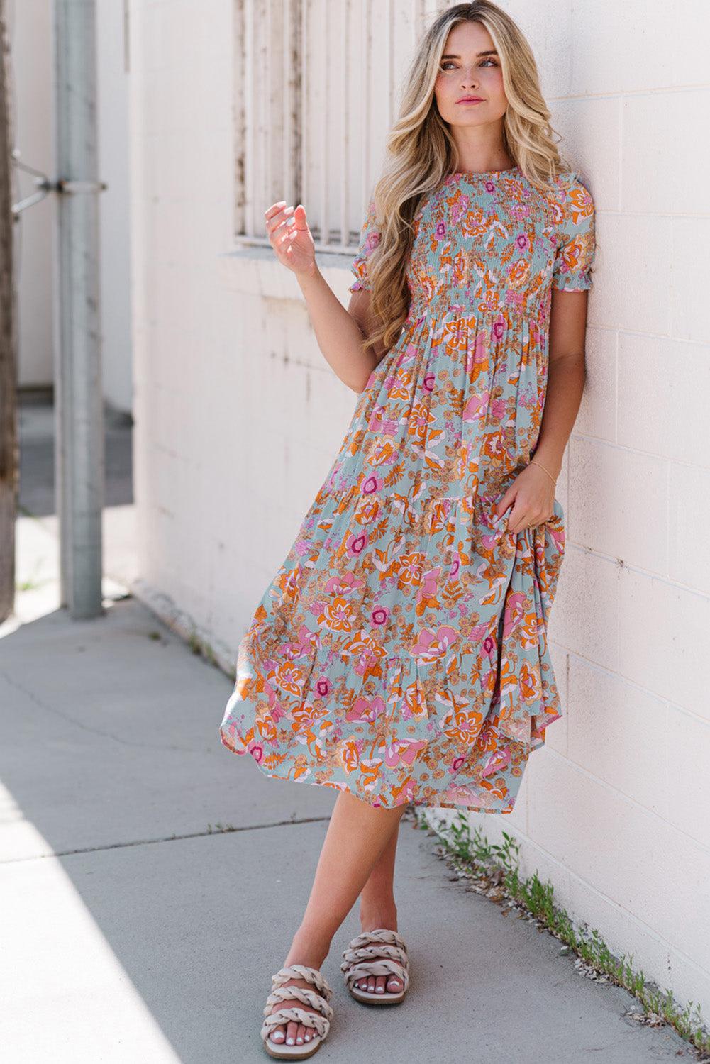 Floral Flounce Sleeve Round Neck Midi Dress BLUE ZONE PLANET