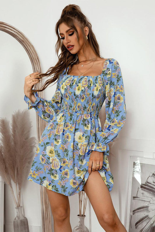 Floral Flounce Sleeve Smocked Square Neck Dress BLUE ZONE PLANET