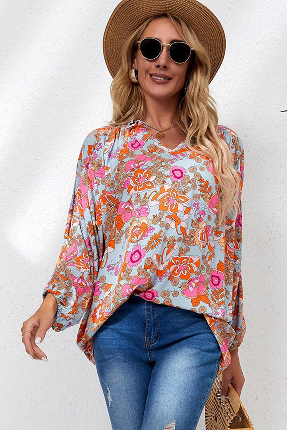 Floral Frill Trim Balloon Sleeve Blouse BLUE ZONE PLANET