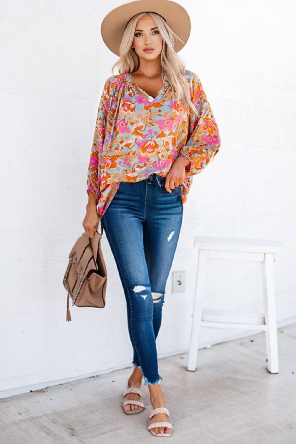 Floral Frill Trim Balloon Sleeve Blouse BLUE ZONE PLANET