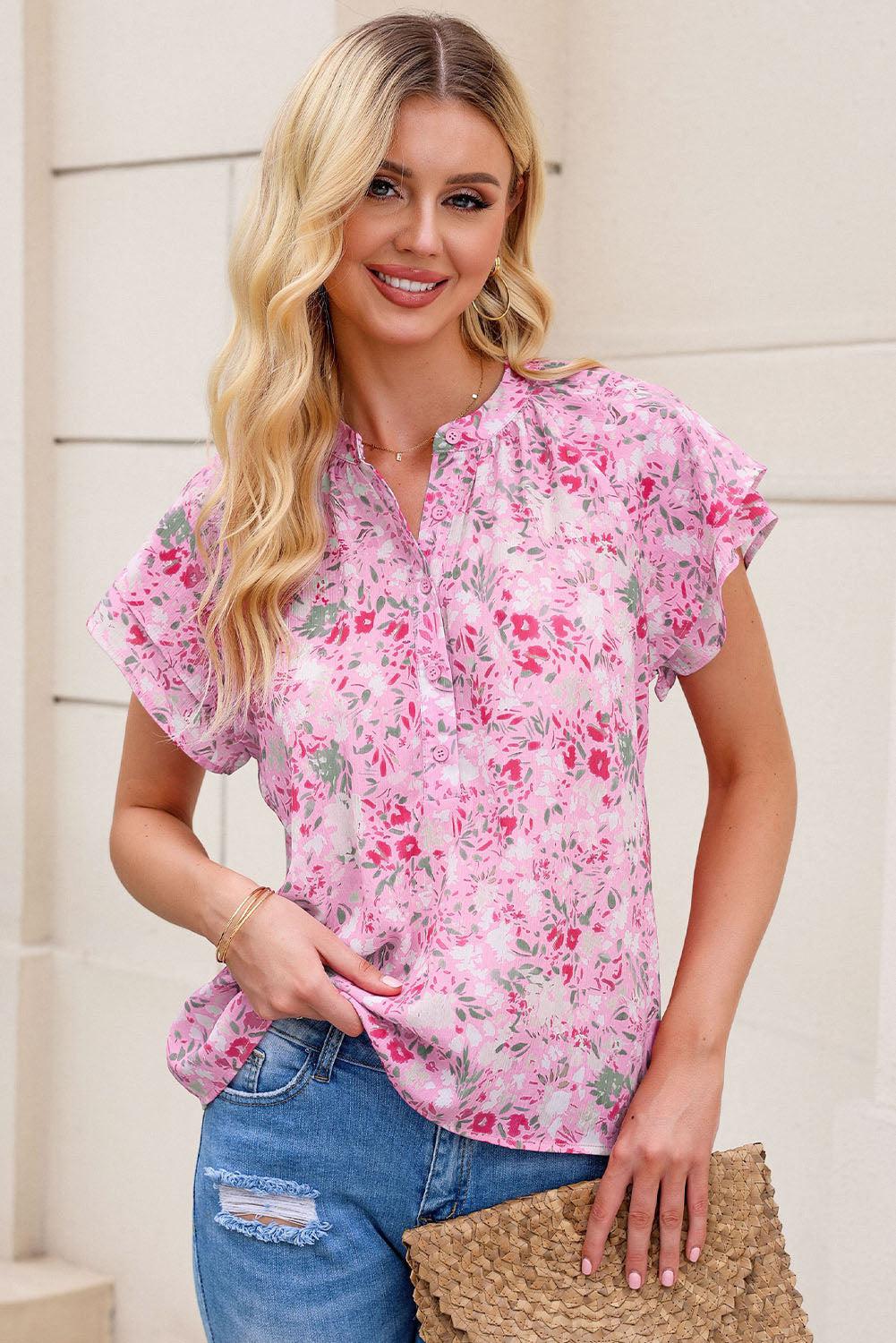 Floral Half-Button Flutter Sleeve Blouse BLUE ZONE PLANET