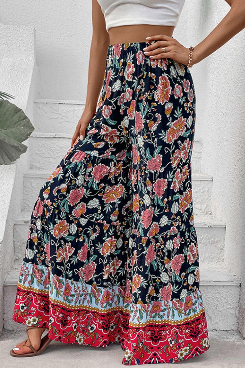 Floral High Waist Palazzo Pants BLUE ZONE PLANET