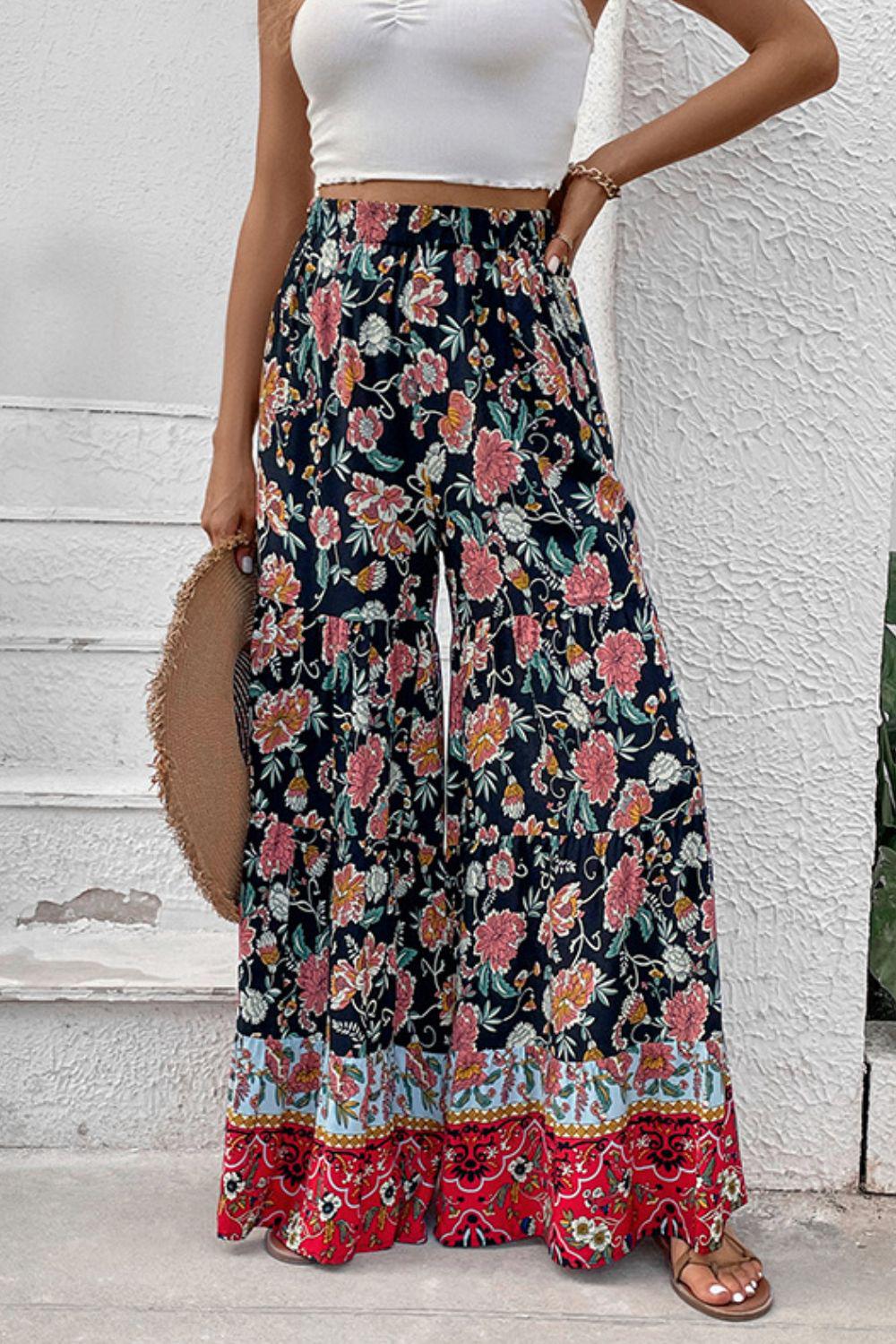 Floral High Waist Palazzo Pants BLUE ZONE PLANET