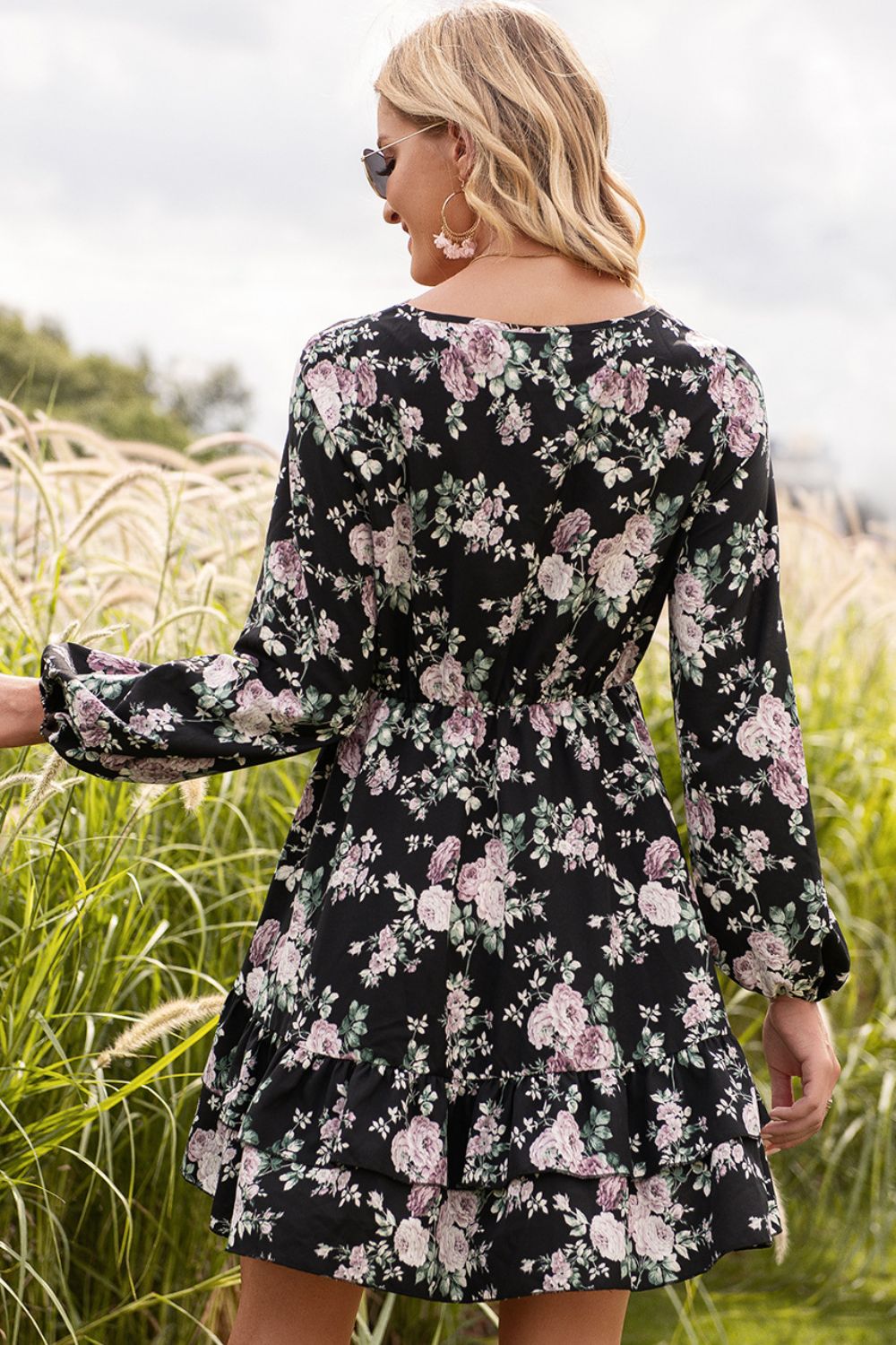 Floral Lace Trim Long Sleeve Dress BLUE ZONE PLANET