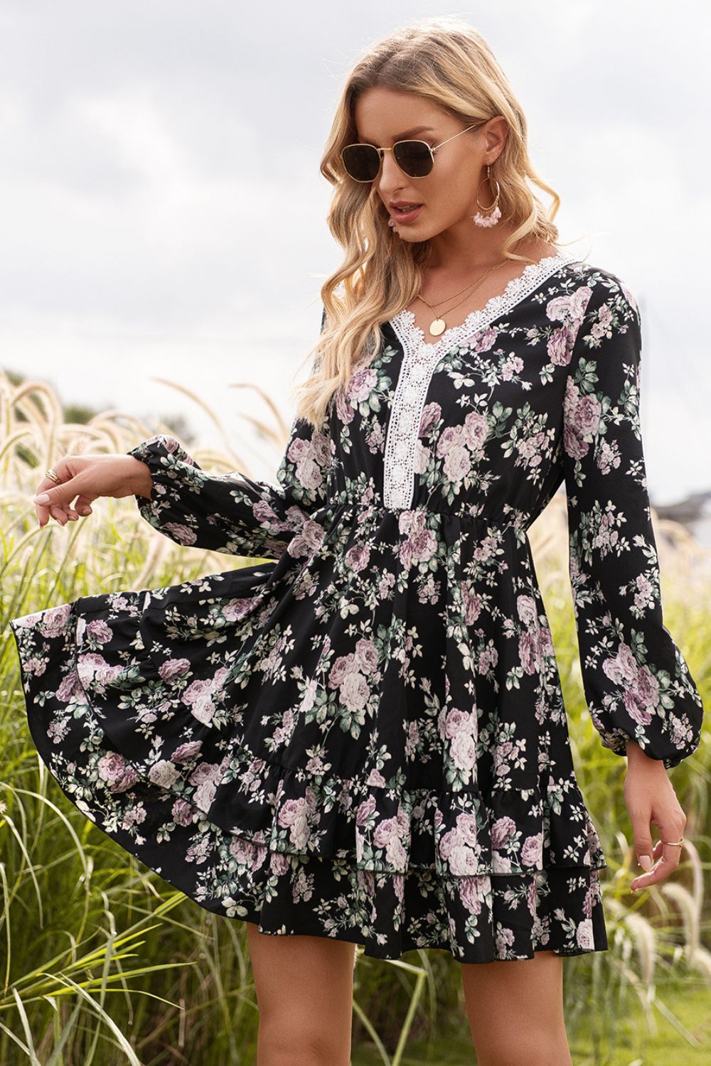 Floral Lace Trim Long Sleeve Dress BLUE ZONE PLANET