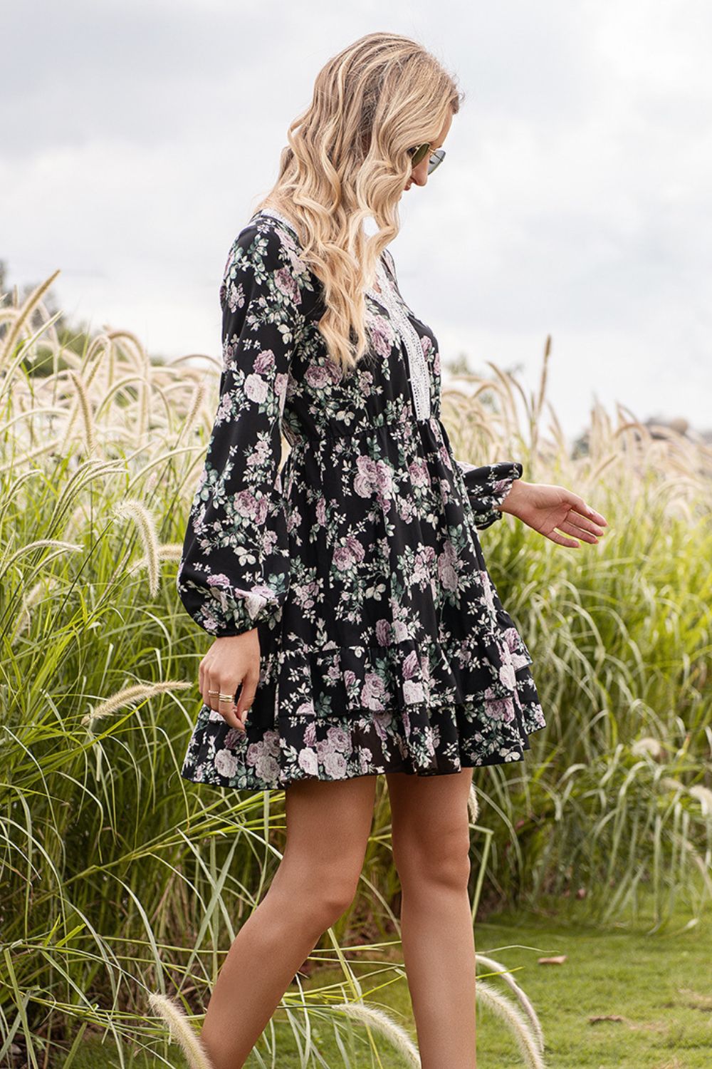 Floral Lace Trim Long Sleeve Dress BLUE ZONE PLANET