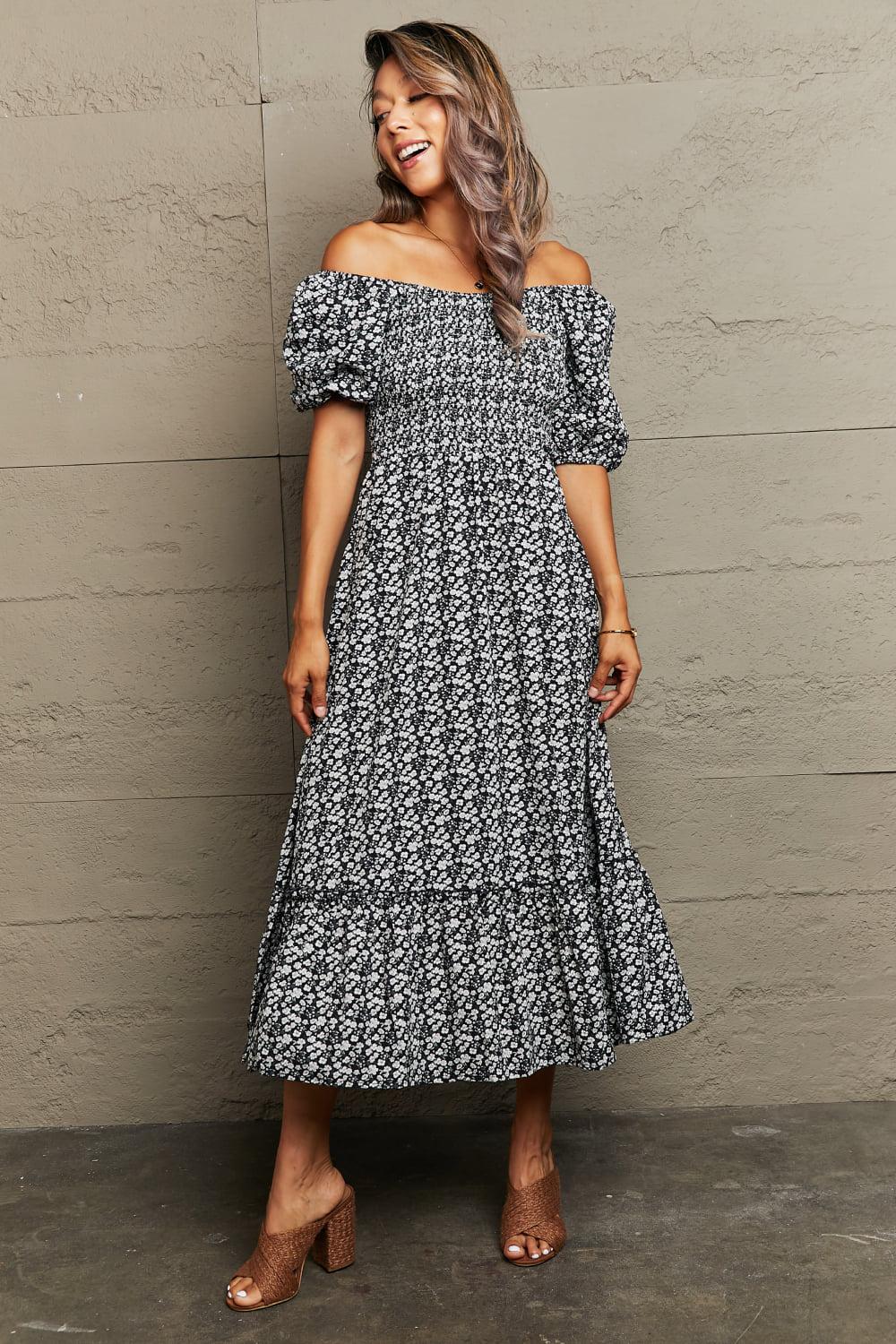 Floral Lace-Up Off-Shoulder Midi Dress BLUE ZONE PLANET