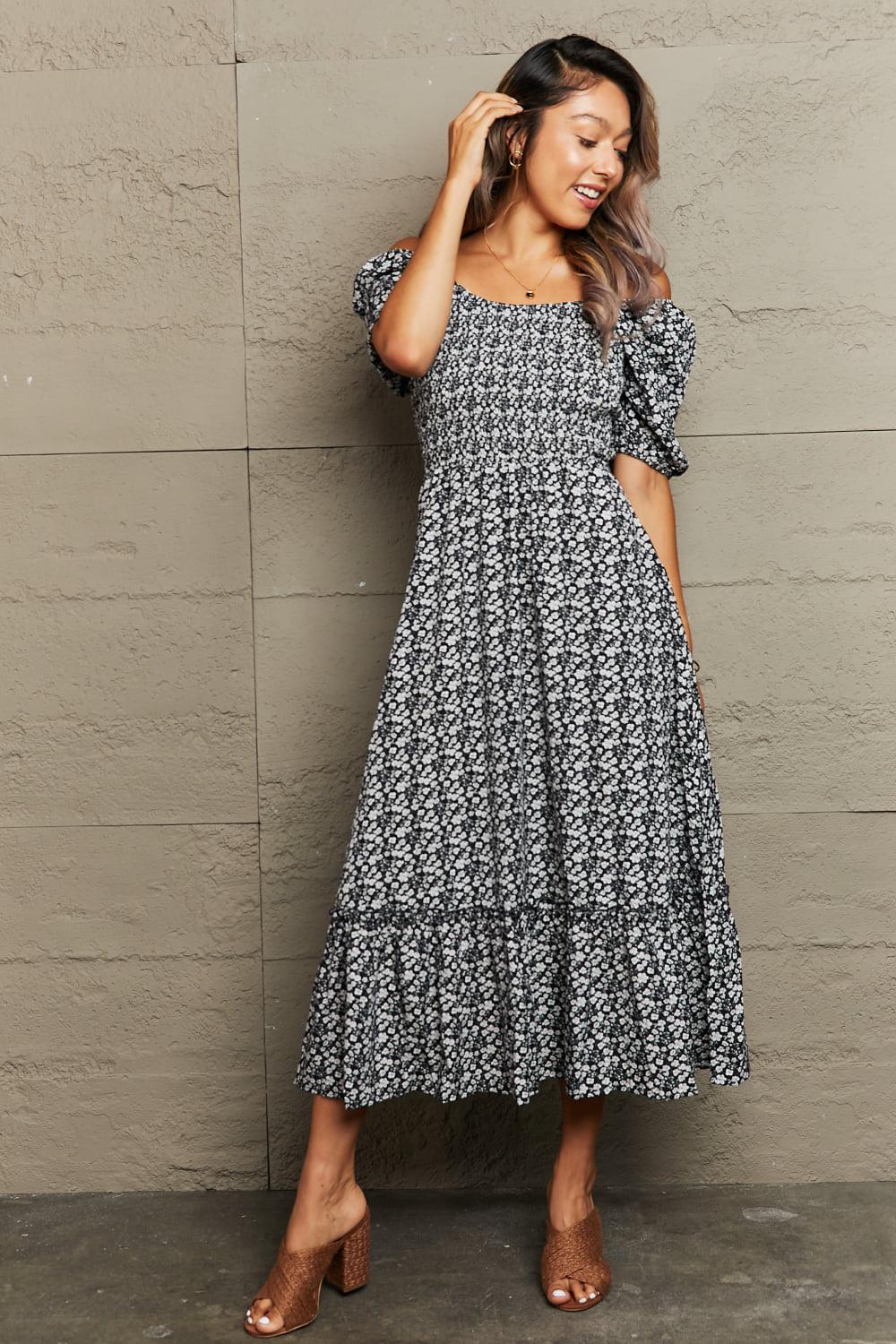 Floral Lace-Up Off-Shoulder Midi Dress BLUE ZONE PLANET