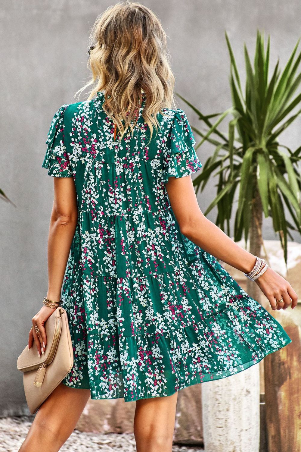 Floral Layered Flutter Sleeve Dress BLUE ZONE PLANET