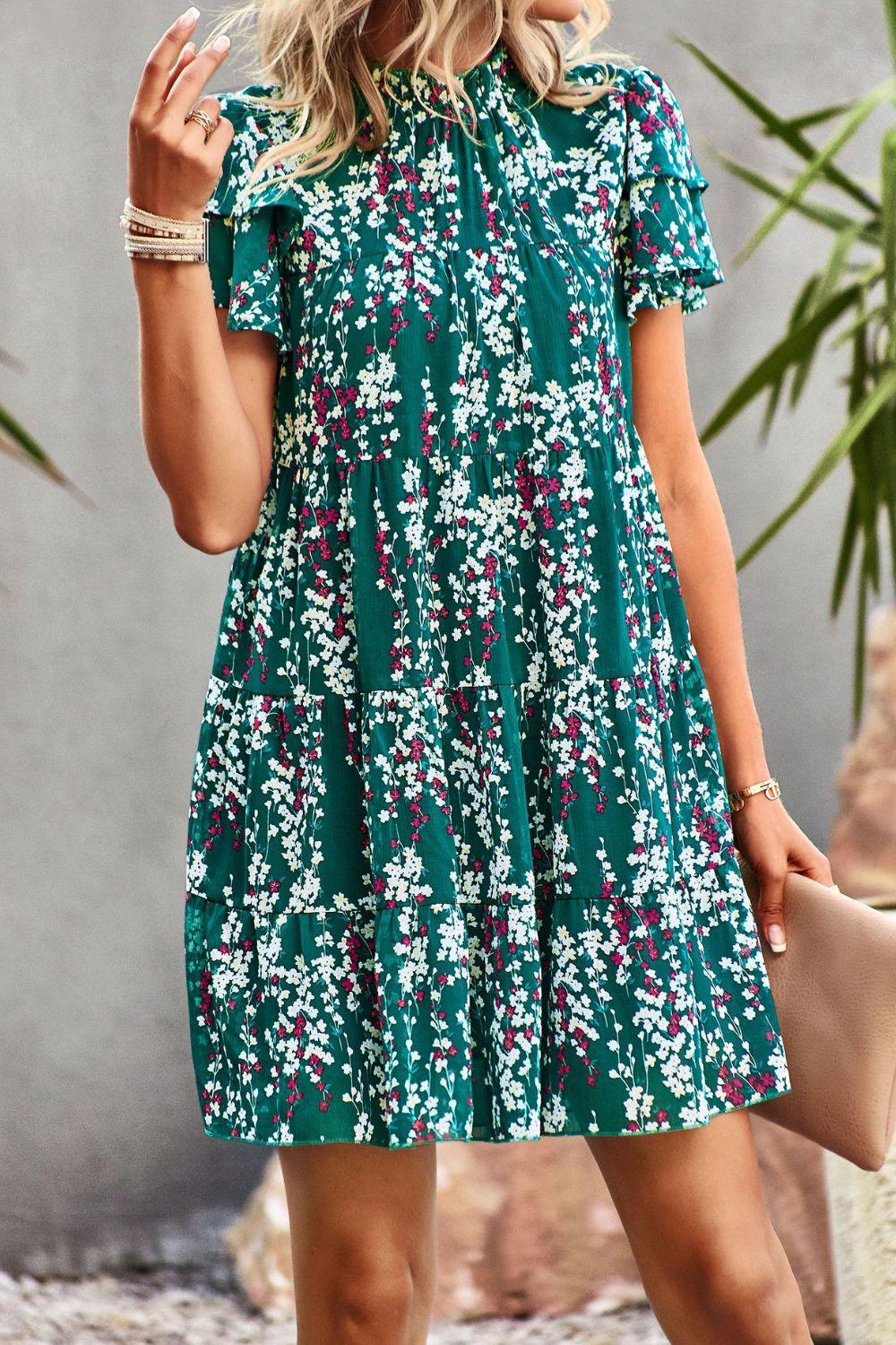 Floral Layered Flutter Sleeve Dress BLUE ZONE PLANET