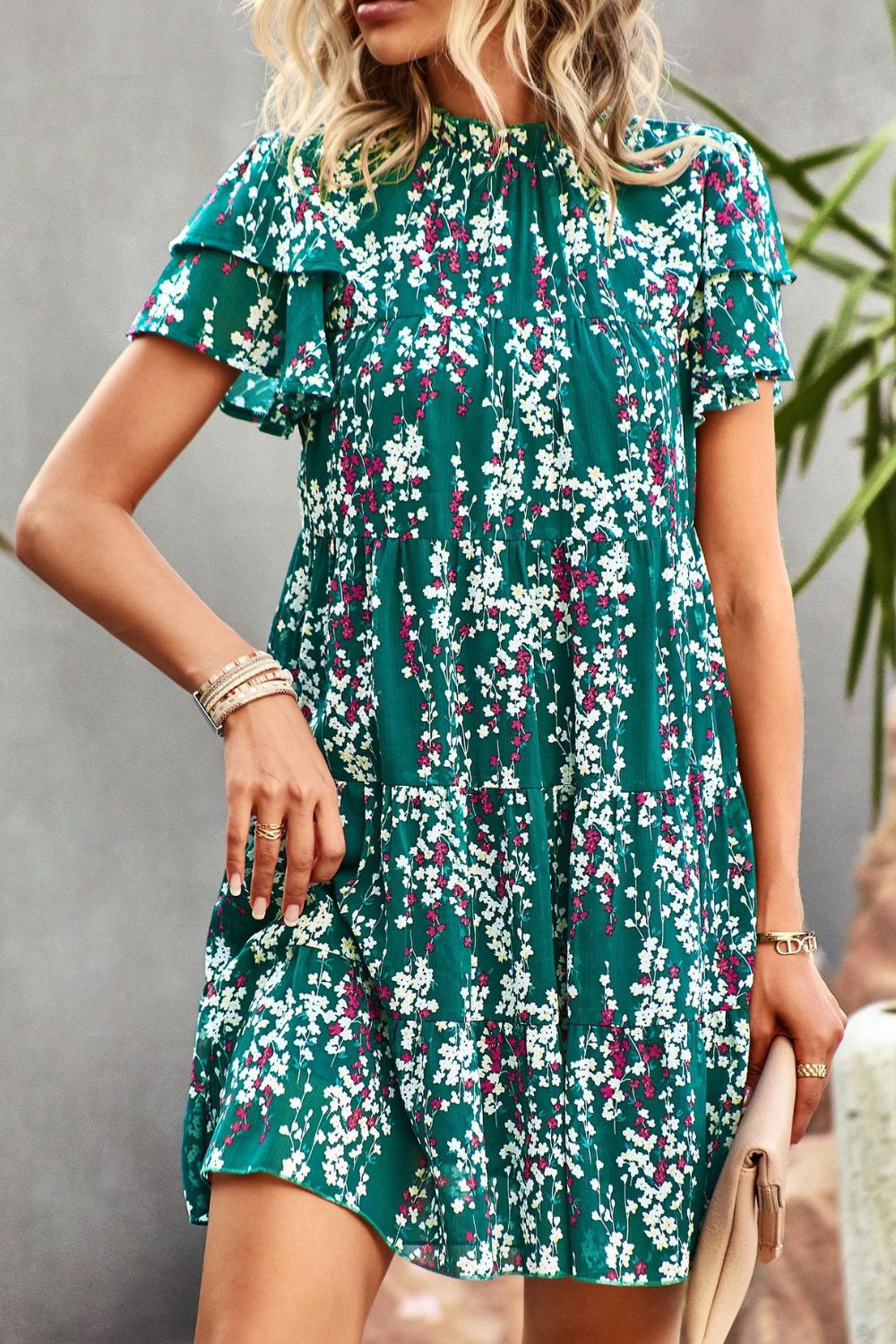 Floral Layered Flutter Sleeve Dress BLUE ZONE PLANET