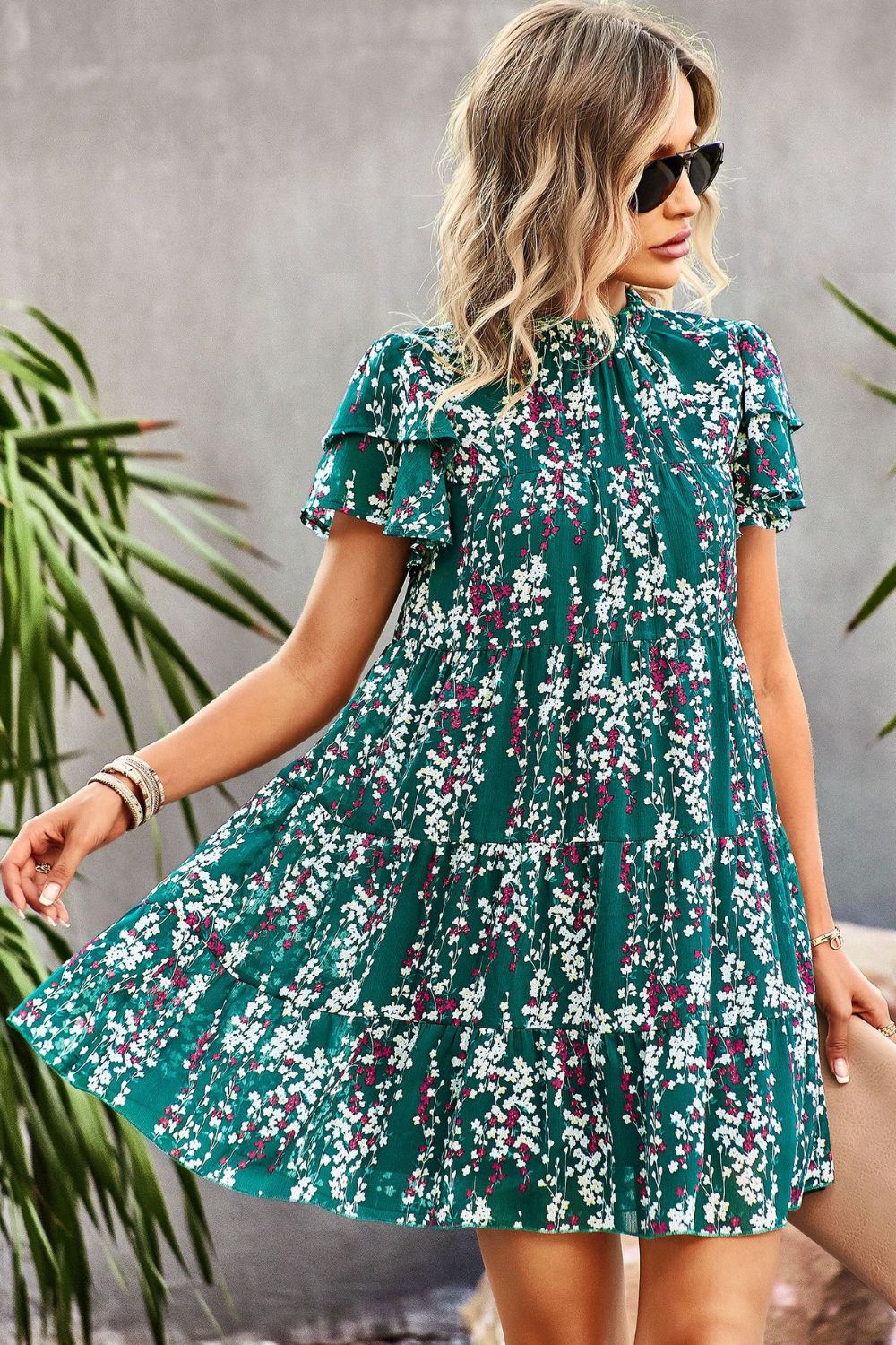 Floral Layered Flutter Sleeve Dress BLUE ZONE PLANET