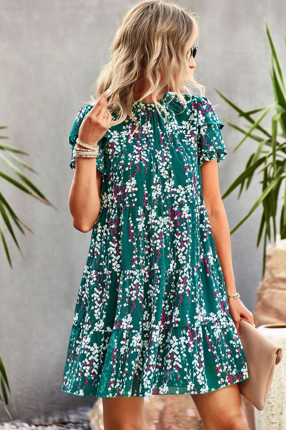 Floral Layered Flutter Sleeve Dress BLUE ZONE PLANET