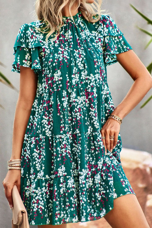 Floral Layered Flutter Sleeve Dress BLUE ZONE PLANET