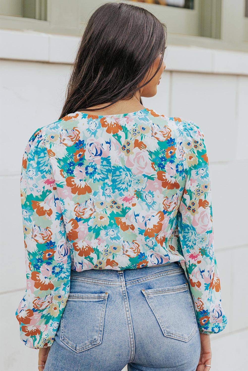 Floral Long Balloon Sleeve Blouse BLUE ZONE PLANET