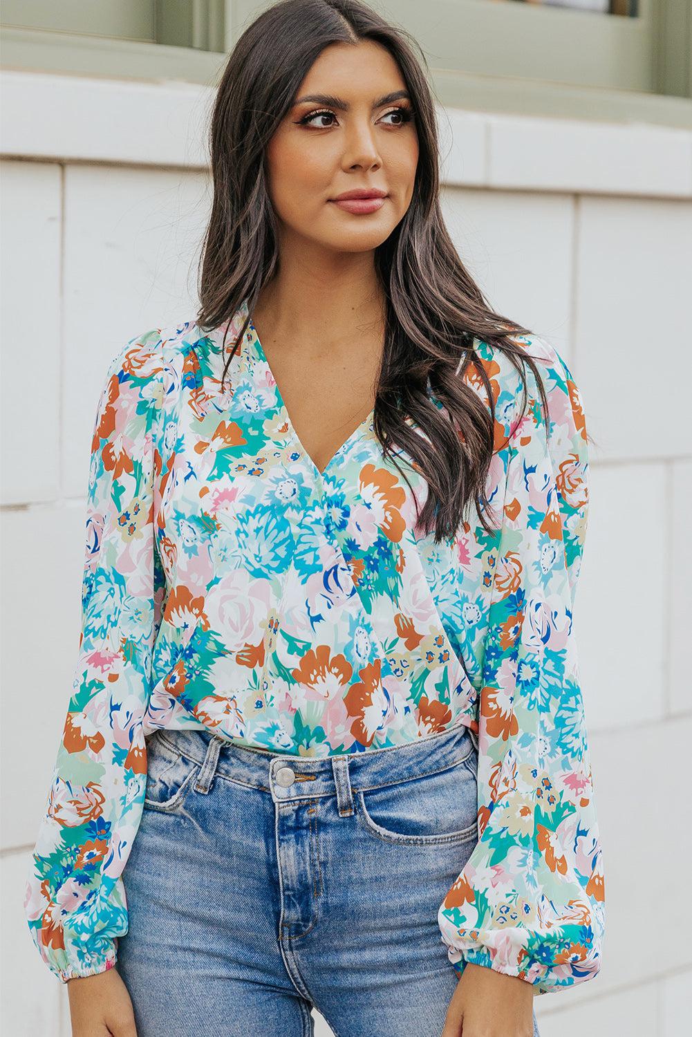 Floral Long Balloon Sleeve Blouse BLUE ZONE PLANET