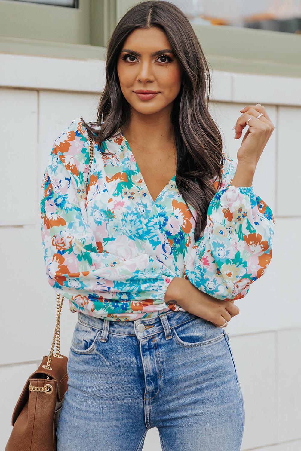 Floral Long Balloon Sleeve Blouse BLUE ZONE PLANET