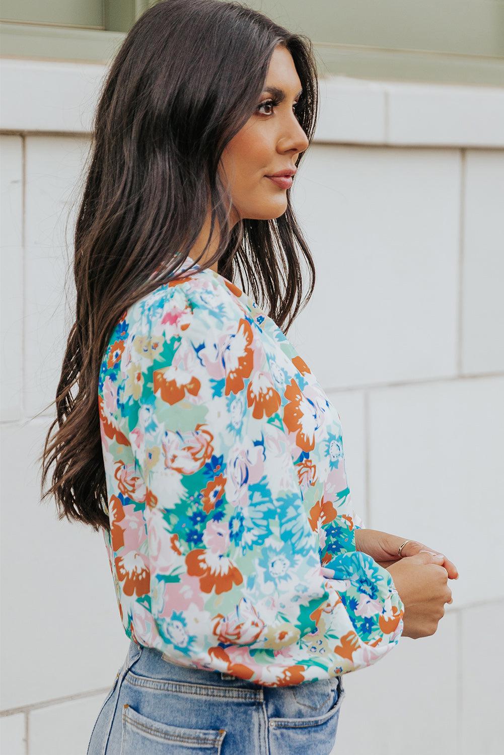 Floral Long Balloon Sleeve Blouse BLUE ZONE PLANET