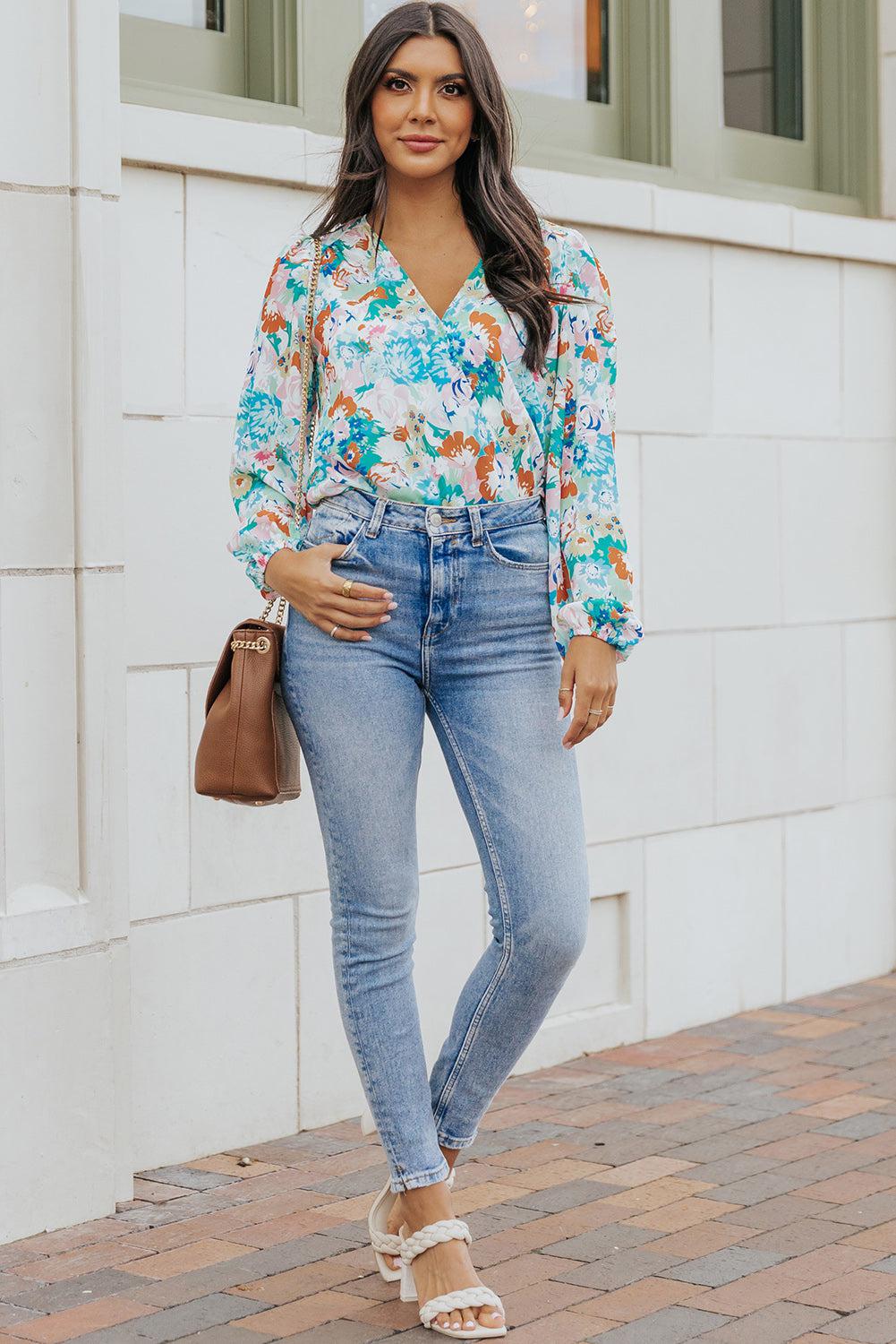 Floral Long Balloon Sleeve Blouse BLUE ZONE PLANET