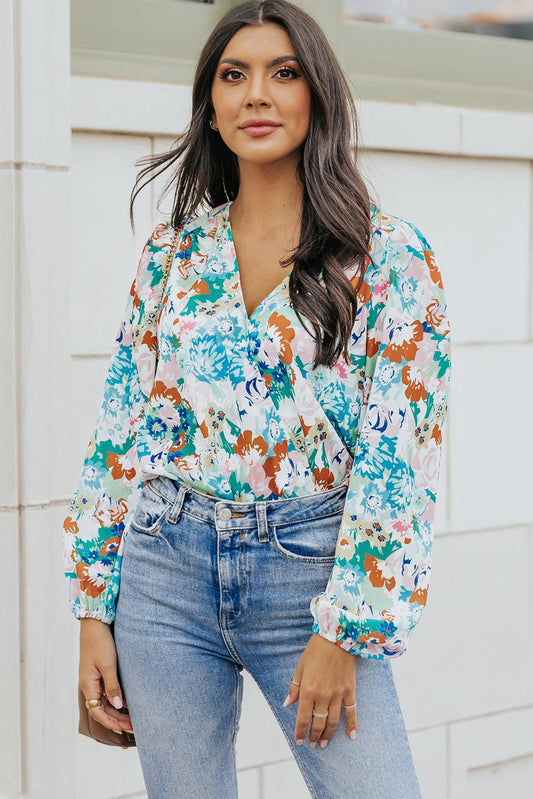 Floral Long Balloon Sleeve Blouse BLUE ZONE PLANET
