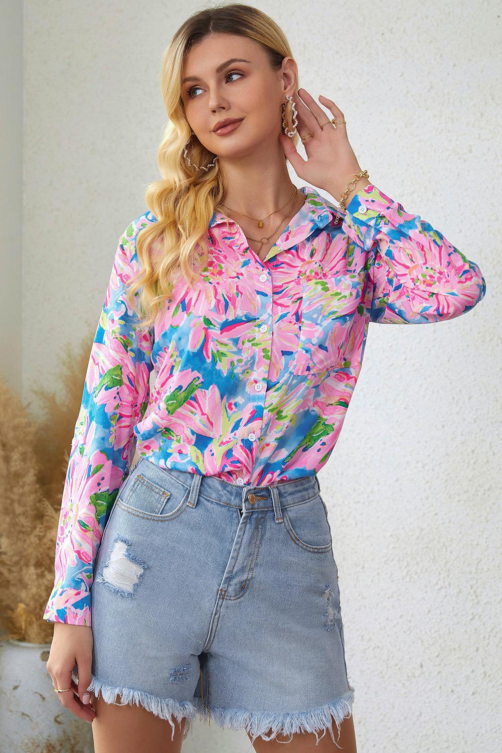 Floral Long Sleeve Collared Shirt BLUE ZONE PLANET