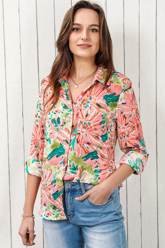 Floral Long Sleeve Collared Shirt BLUE ZONE PLANET