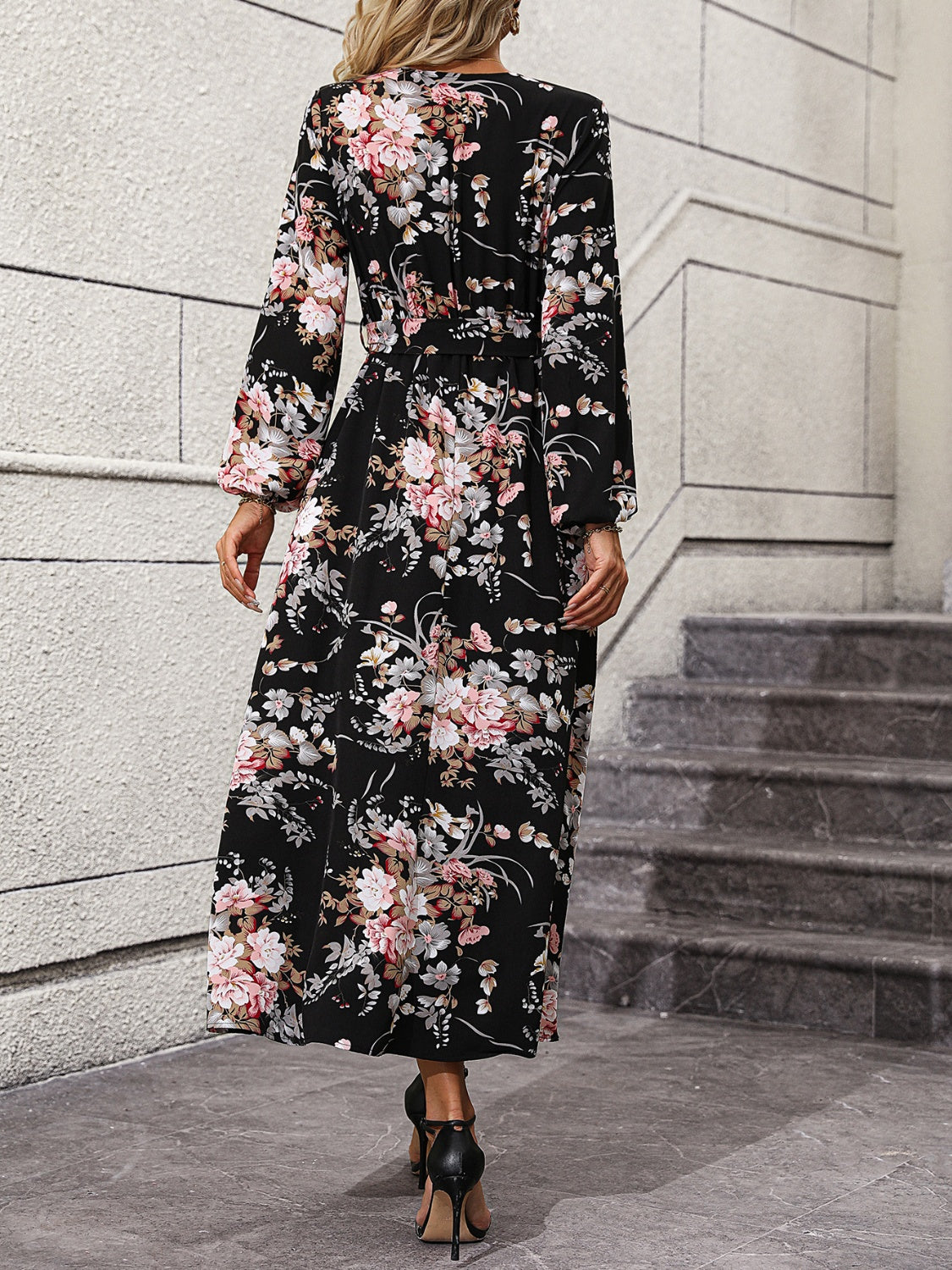 Floral Long Sleeve Surplice Neck Dress BLUE ZONE PLANET