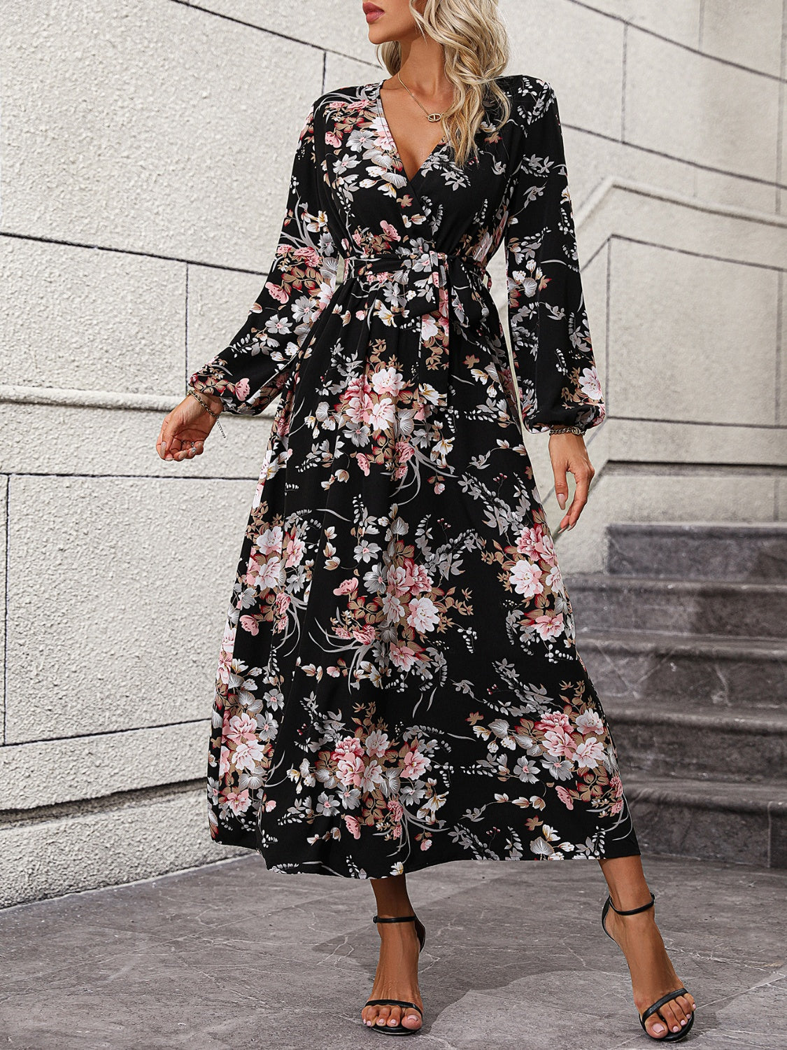 Floral Long Sleeve Surplice Neck Dress BLUE ZONE PLANET