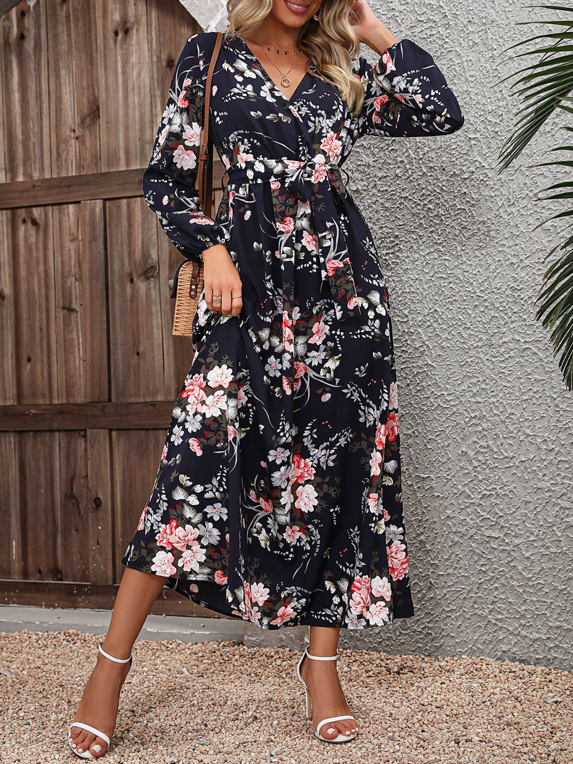 Floral Long Sleeve Surplice Neck Dress BLUE ZONE PLANET