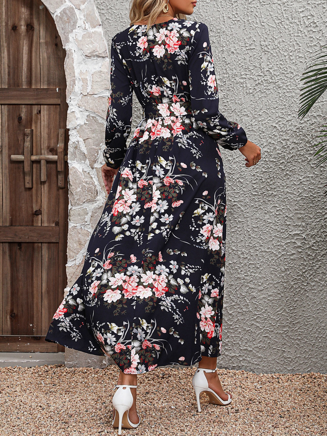 Floral Long Sleeve Surplice Neck Dress BLUE ZONE PLANET