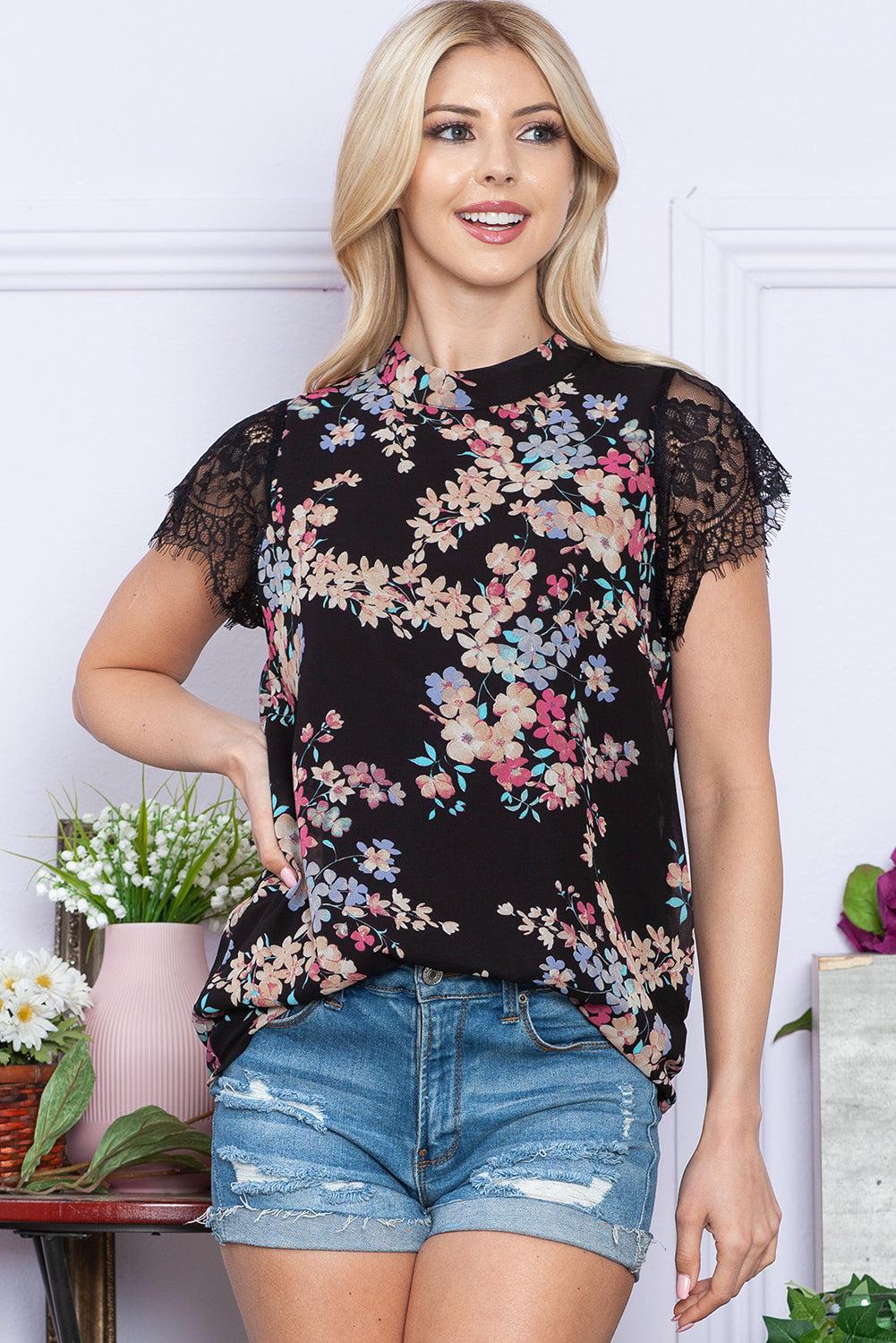 Floral Mock Neck Lace Short Sleeve Top BLUE ZONE PLANET