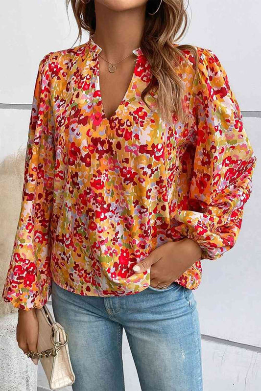 Floral Notched Balloon Sleeve Blouse BLUE ZONE PLANET
