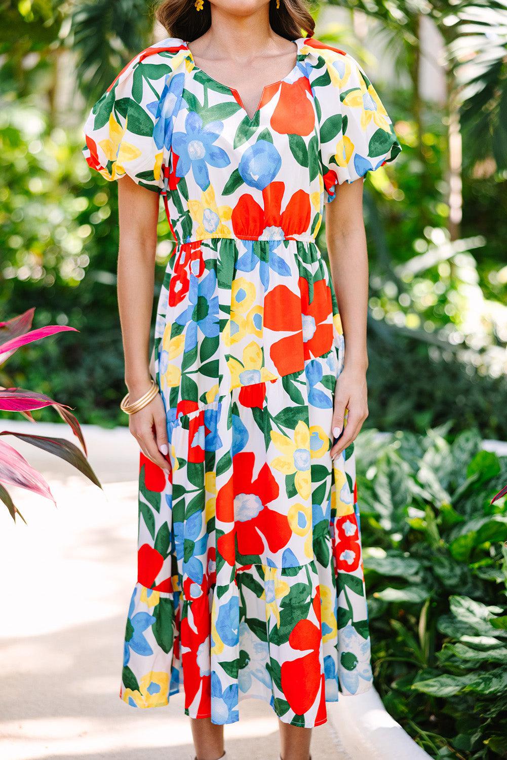 Floral Notched Balloon Sleeve Midi Dress BLUE ZONE PLANET