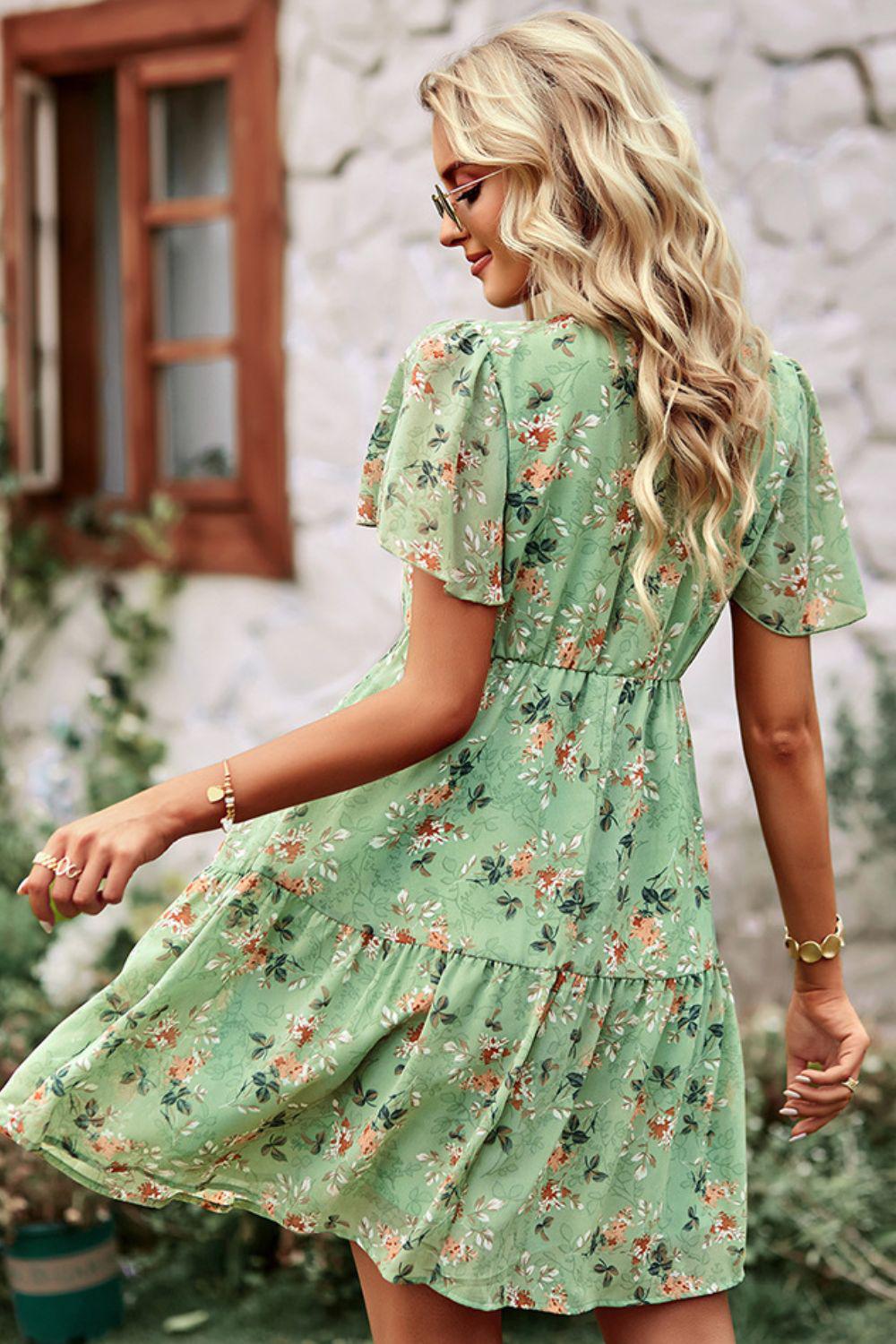 Floral Notched Flutter Sleeve Mini Dress BLUE ZONE PLANET