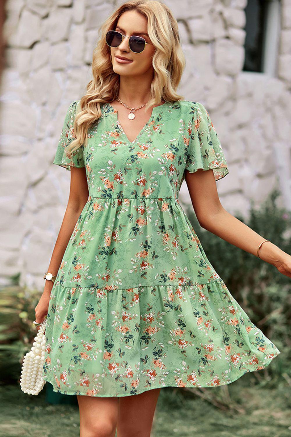 Floral Notched Flutter Sleeve Mini Dress BLUE ZONE PLANET