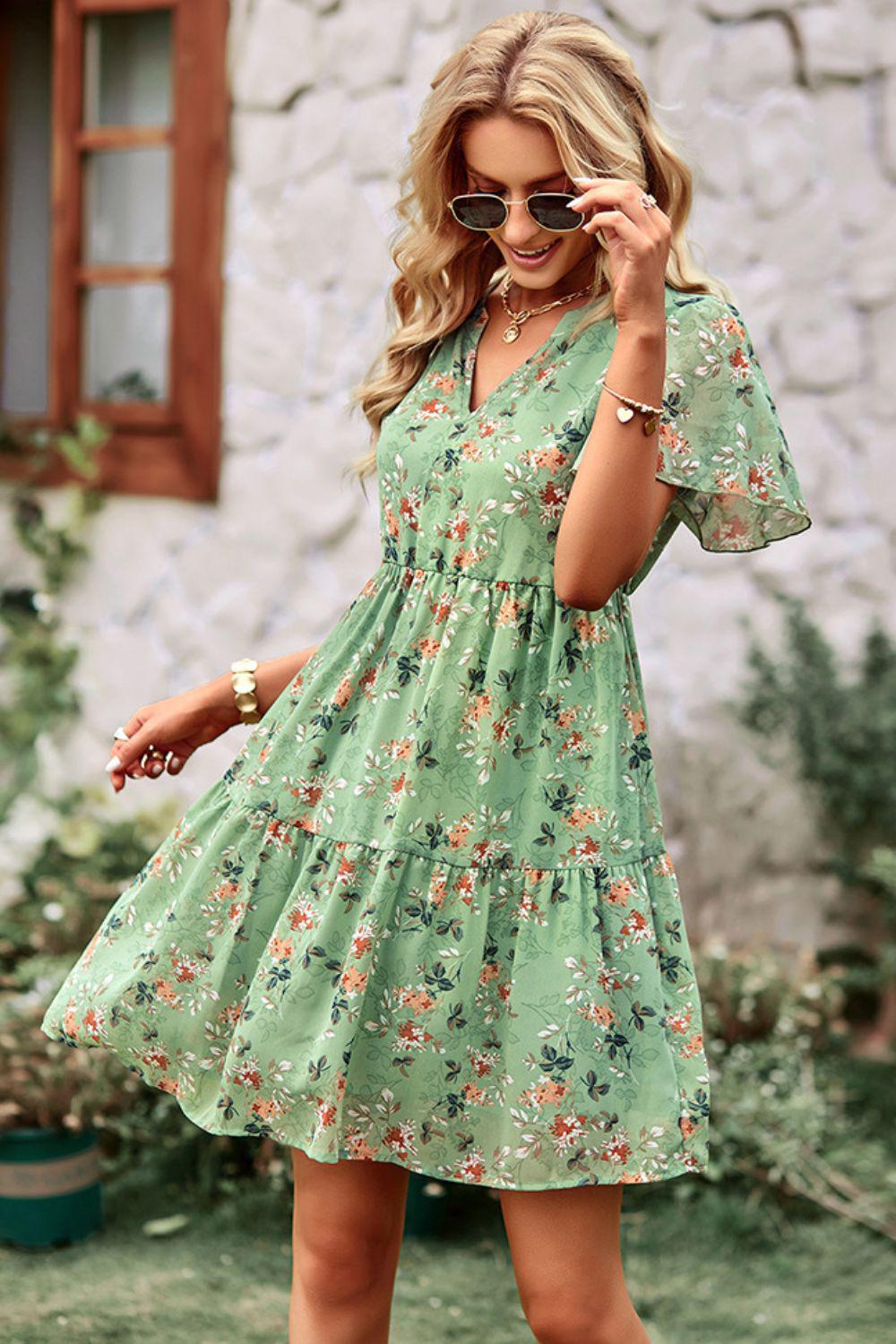 Floral Notched Flutter Sleeve Mini Dress BLUE ZONE PLANET