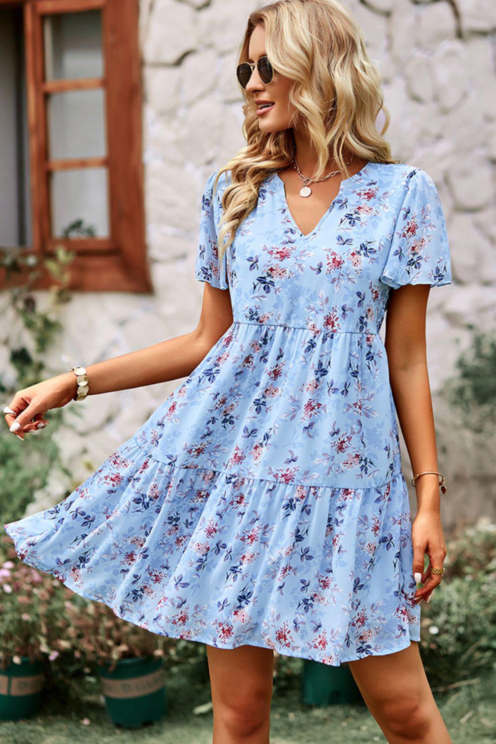 Floral Notched Flutter Sleeve Mini Dress BLUE ZONE PLANET