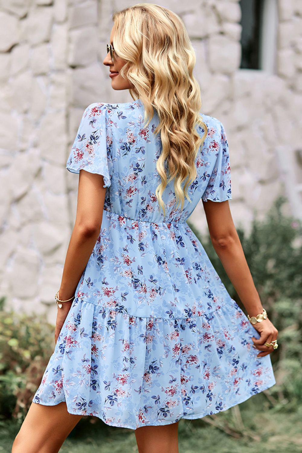 Floral Notched Flutter Sleeve Mini Dress BLUE ZONE PLANET