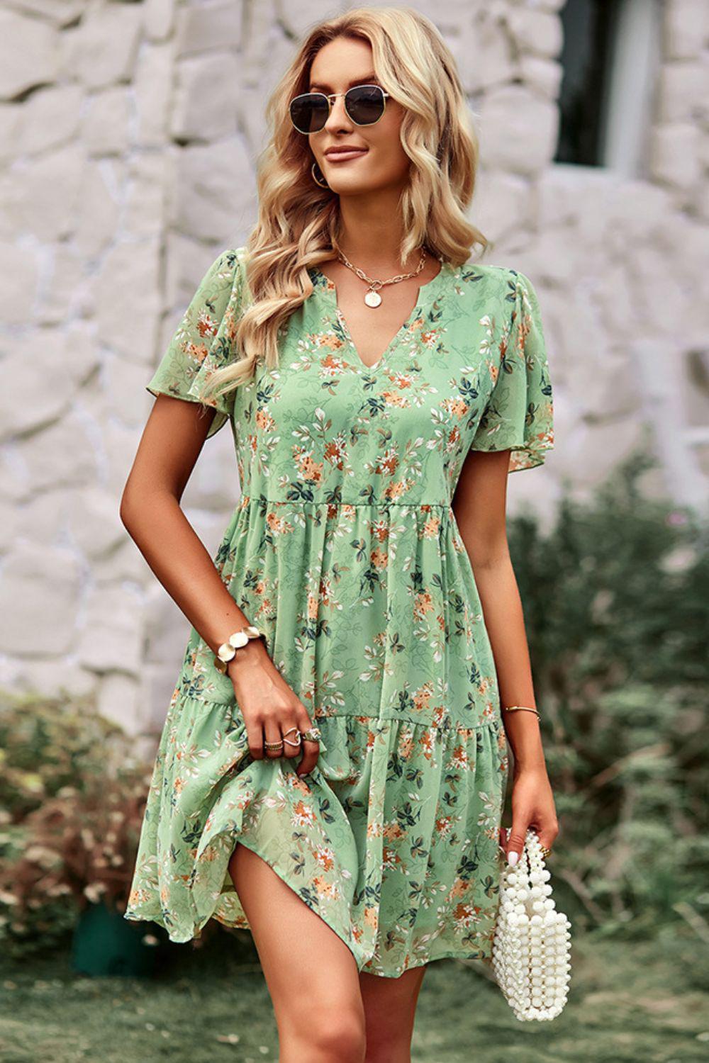 Floral Notched Flutter Sleeve Mini Dress BLUE ZONE PLANET