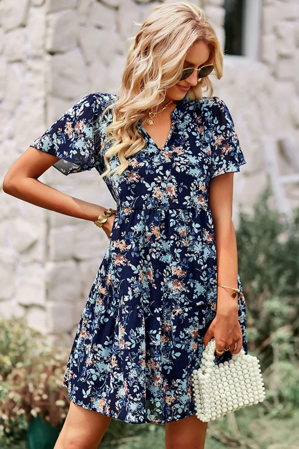 Floral Notched Flutter Sleeve Mini Dress BLUE ZONE PLANET