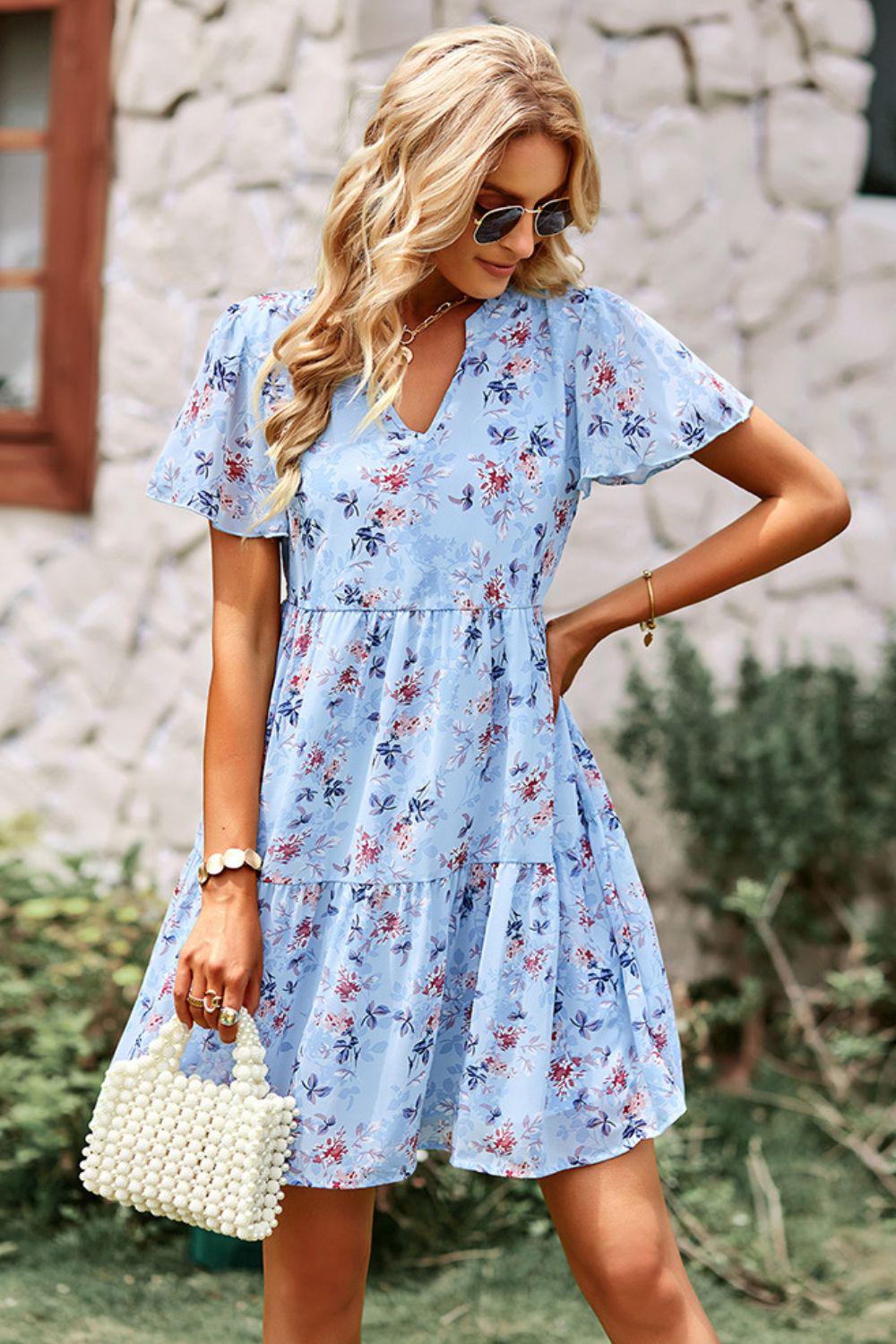 Floral Notched Flutter Sleeve Mini Dress BLUE ZONE PLANET