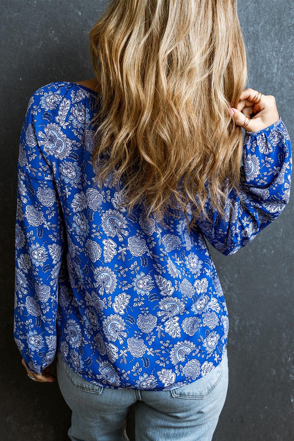 Floral Notched Neck Balloon Sleeve Blouse BLUE ZONE PLANET